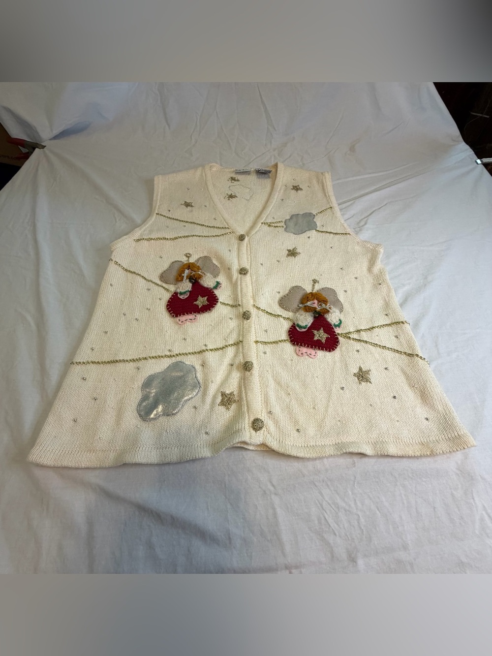 Bobbie Brooks Cream Christmas Angel Appliqué Knit Button Vest Size XL